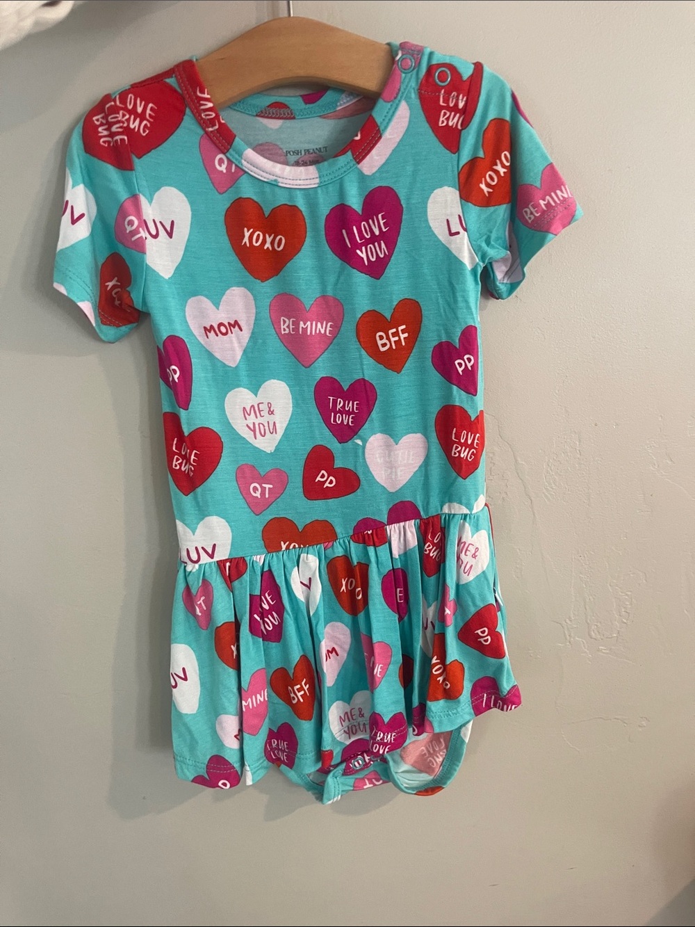 Posh Peanut Teal Heart Print One-Piece Bodysuit with Pink & Red Hearts